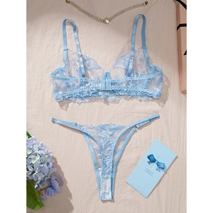 Blue floral lace lingerie set with sheer embroidery and adjustable straps for women