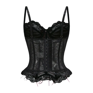 Black lace corset tank top with bow detail, fishbone support and adjustable straps