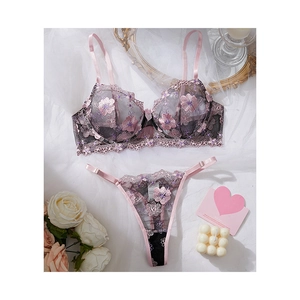 Sexy black mesh lingerie set with pink floral embroidery and delicate straps