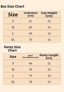 Tabella taglie per set lingerie in pizzo ricamato con misure reggiseno e slip