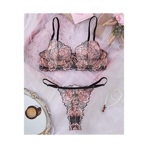 Pink floral embroidery sexy lingerie set with black straps and sheer mesh details