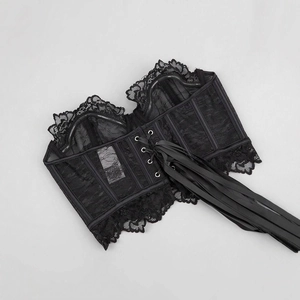 Detailed back view of black lace corset featuring satin ribbons and lace-up closure