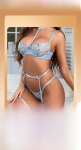 Détails de lingerie en dentelle bleue avec broderie papillon et licou sexy