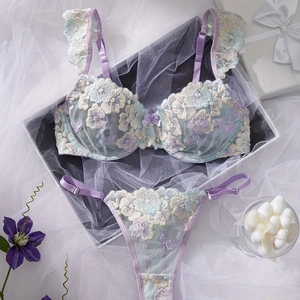 Women Sexy Lingerie Top And Bottom Set Floral Embroidery Mesh Hollow Out Butterfly Sleeve Bra Thong Polyester Underwear