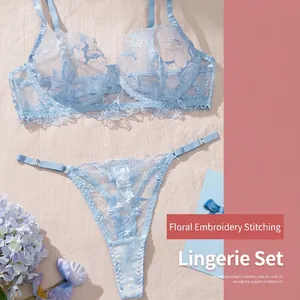 Elegant light blue floral embroidery lingerie set with lace bra and matching thong