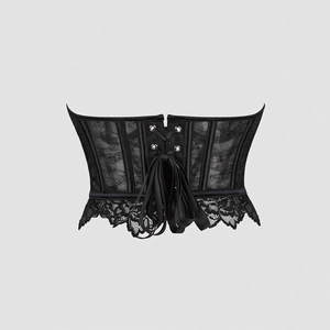 Detailed view of black lace corset belt with intricate embroidery and ribbon lacing