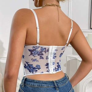 Detail of floral mesh corset top back with adjustable straps and multi-row hook closure