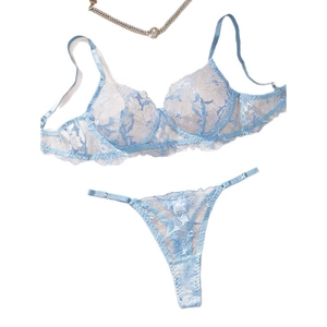 Light blue floral lace lingerie set with underwire bra and matching thong on white background