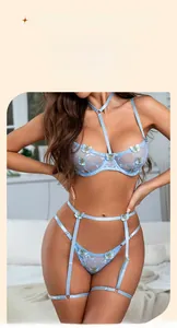 Détail de lingerie en dentelle bleu clair avec broderie papillon et porte-jarretelles