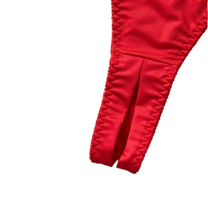 Detailed close-up of red lingerie crotch featuring premium zig-zag stitching on red fabric