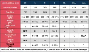 Guide des tailles détaillé pour lingerie incluant les mesures internationales du produit