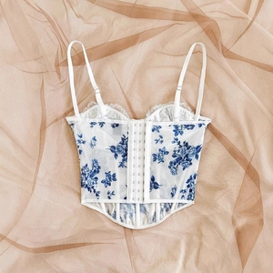 Detail of floral bustier corset with lace trim and multiple hook-and-eye front closures