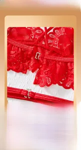Detail of red lace lingerie featuring fine embroidery and durable metal buckle fasteners
