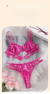 Detail of rose pink floral lace lingerie set with mesh fabric and silk rose background