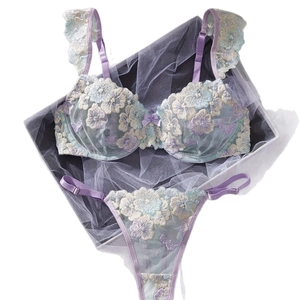 Lace floral embroidery lingerie set with flutter sleeves and 3/4 cups in blue and purple