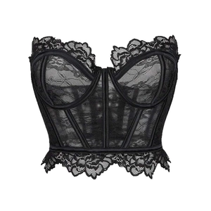 Plus size black lace corset top with floral embroidery and underwire fishbone structure