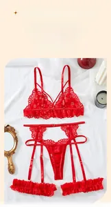 Close-up of red lace lingerie set with floral embroidery and garter belt details