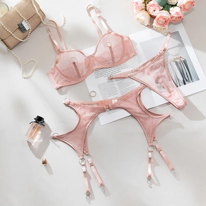 Detailed flat lay of pink mesh lingerie set with underwire bra and garter belt set