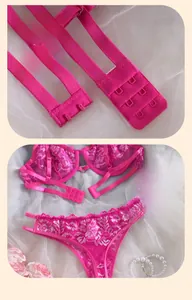 Detailed close-up of hot pink floral lace bra set with mesh fabric and back hook closure