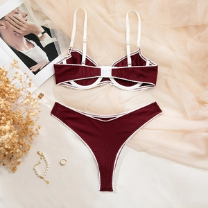 Ensemble de lingerie côtelé bordeaux sexy avec bordure en dentelle blanche pour femmes