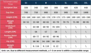 Tableau des tailles de lingerie XS à 3XL avec mesures détaillées pour buste et hanches