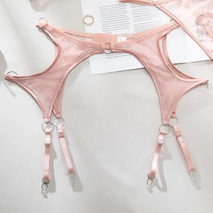 Detail of pink mesh garter belt with four adjustable straps and silver metal hardware