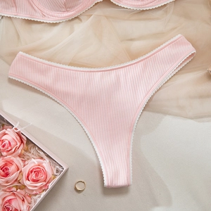 Pink ribbed lingerie set with white lace trim and gathered underwire bra for women