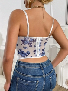 Blue floral mesh corset top with back hook-and-eye closure and adjustable straps