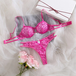 Women's Sexy Hot Pink Lace Bra And Thong Set Heart Rhinestone Underwired Top And Bottom Alluring Lingerie For Valentine