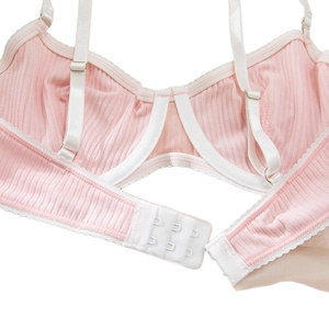 Pink ribbed push-up bra with white lace edges and adjustable straps back view detail