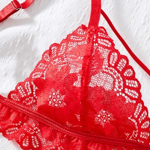 Sexy red lace lingerie set with floral embroidery and adjustable straps for women