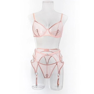 Detailed view of pink mesh lingerie set with underwire cups and metallic ring accents