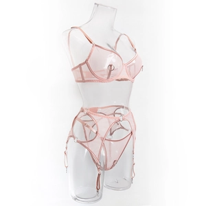 Detailed view of pink mesh lingerie set with underwire cups and metal ring accents