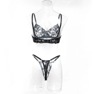 Close-up of black floral lace embroidery and scalloped edges on the bra set