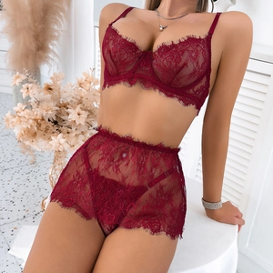 Three-piece sexy wine red lace lingerie set with push-up underwire bra and garter belt
