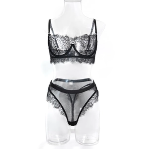 Detail of black lace bra set featuring eyelash trim and floral mesh embroidery