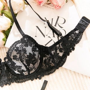 Detailed view of floral lace embroidery and sheer mesh on a black underwire bra set