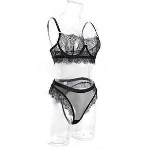 Detailed view of sexy black floral eyelash lace bra set with underwire support