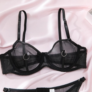 Detailed view of black mesh lingerie set with underwire support and metal ring accents