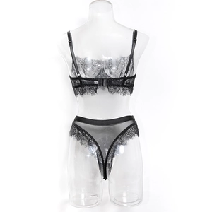 Close-up of black floral eyelash lace details and sheer mesh fabric on lingerie set