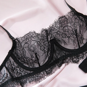 Close-up of black floral eyelash lace detailing on a push-up bra over pink satin fabric