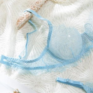 Détail du soutien-gorge en dentelle bleu clair avec armatures et bretelles réglables