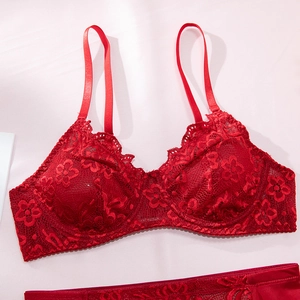 Detailaufnahme des roten Spitzen-BHs mit Blumenmuster und Trägern im Set