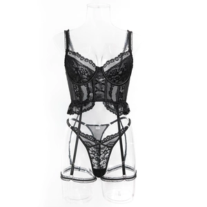 Three-piece black lace lingerie set with underwire bra, thong, and garter belt detail