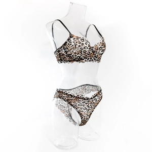Détails de l'ensemble de lingerie léopard avec dentelle sur un mannequin transparent