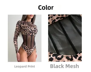 Detail view of leopard print bodysuit featuring sheer black mesh stitching and mesh cutout