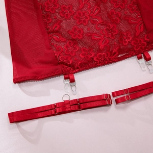 Detailansicht aus roter floraler Spitze mit verstellbaren Trägern und Metallclips