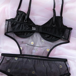 Nahaufnahme des schwarzen Mesh-Bodys mit feiner Blumenstickerei und verstellbaren Trägern