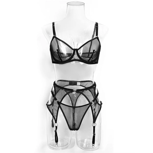 Detail of black mesh sexy lingerie set with underwire cups and metal ring accents