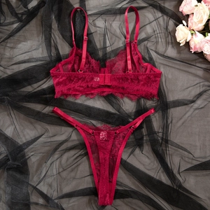 Détail de l'ensemble de lingerie en dentelle rouge foncé sur fond de tulle et décor de roses